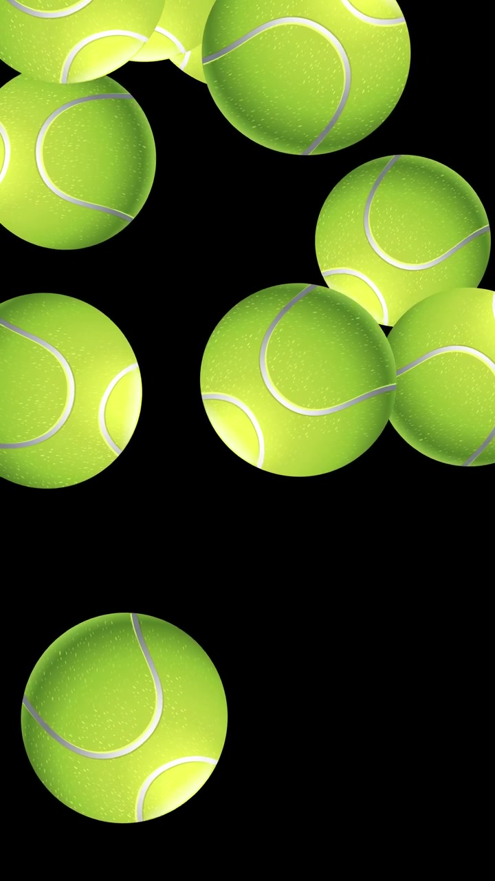 Bright green tennis balls fall and bounce randomly across a vertical black studio background.