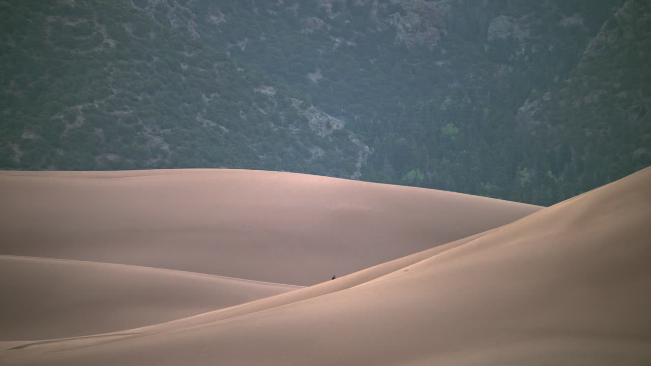 등산객은 이른 아침에 큰 모래 언덕 뒤에서 시야에서 벗어납니다.