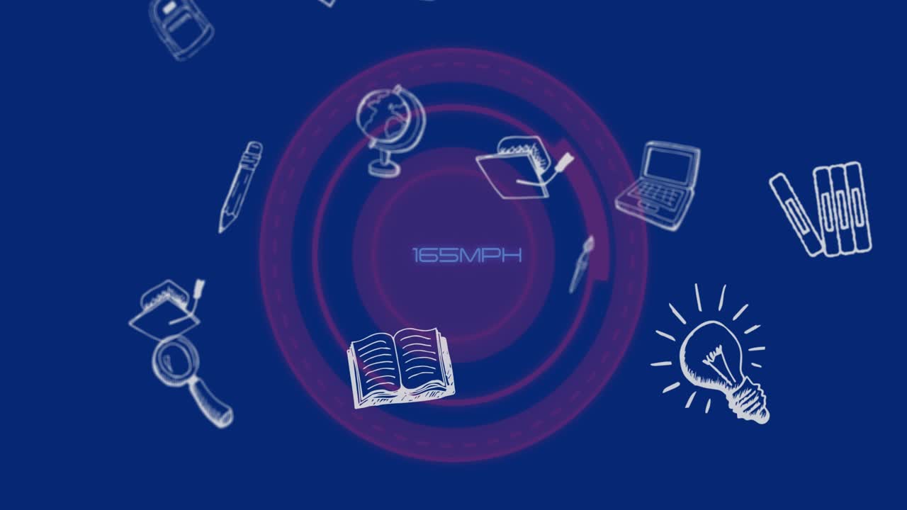 Magenta rings pulsing speed cycling center target guiding school icons orbiting left showing motion