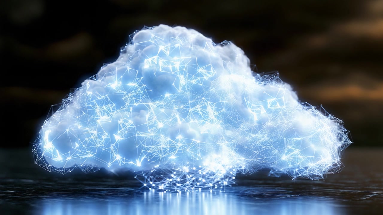 En fantastisk transformation af en digital sky, der viser en blanding af teknologi og natur, der belyser konceptet om forbindelse og dataflow i en moderne æstetik.