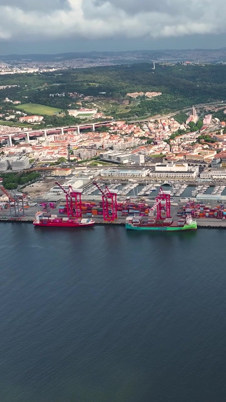 View shows a busy container terminal with various shipping containers stacked. Cargo ships are docked at the port. The terminal plays a key role in international trade and freight transportation.