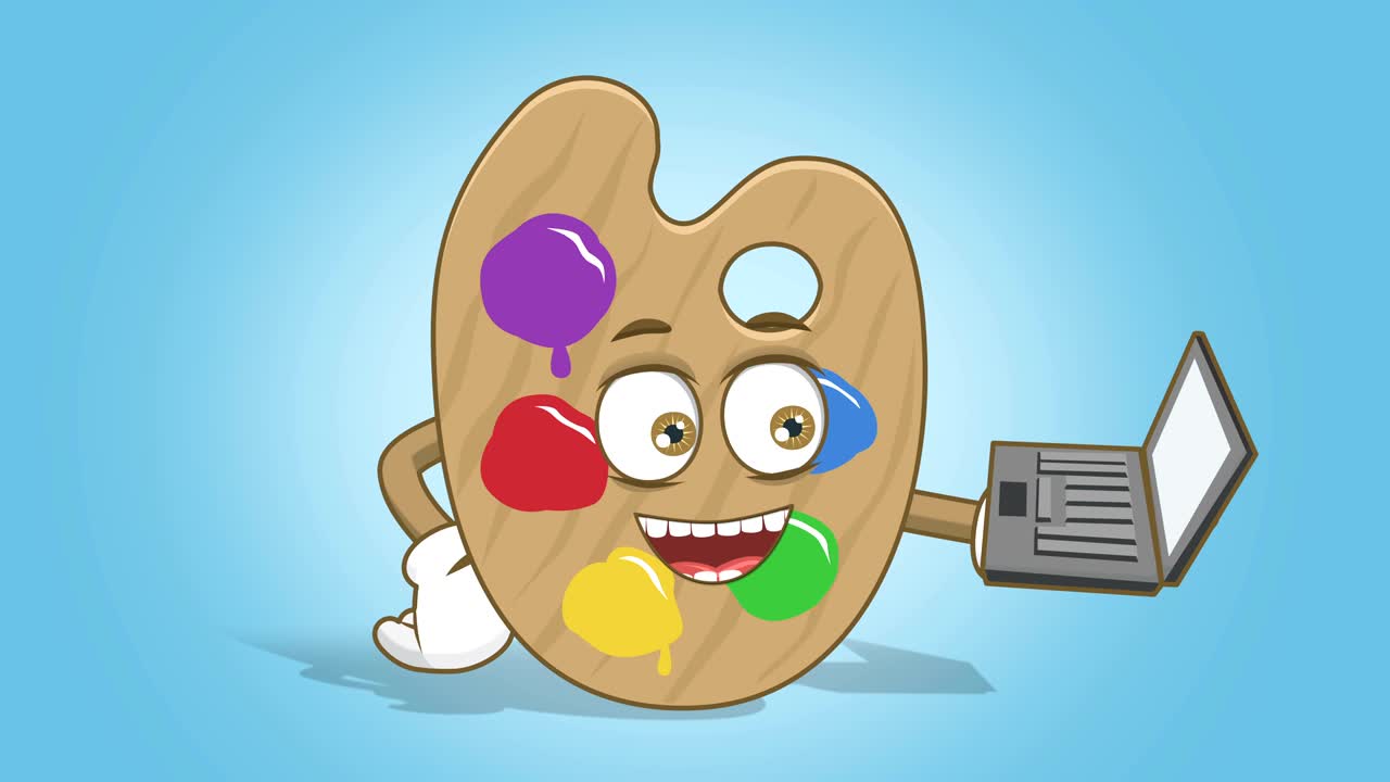 Cartoon Artist Color Palette Laptop in Hand with Face Animation Alpha Matte