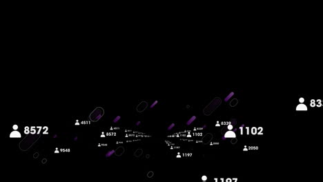 animación de rastros de luz púrpura sobre iconos de personas y procesamiento de datos en fondo negro
