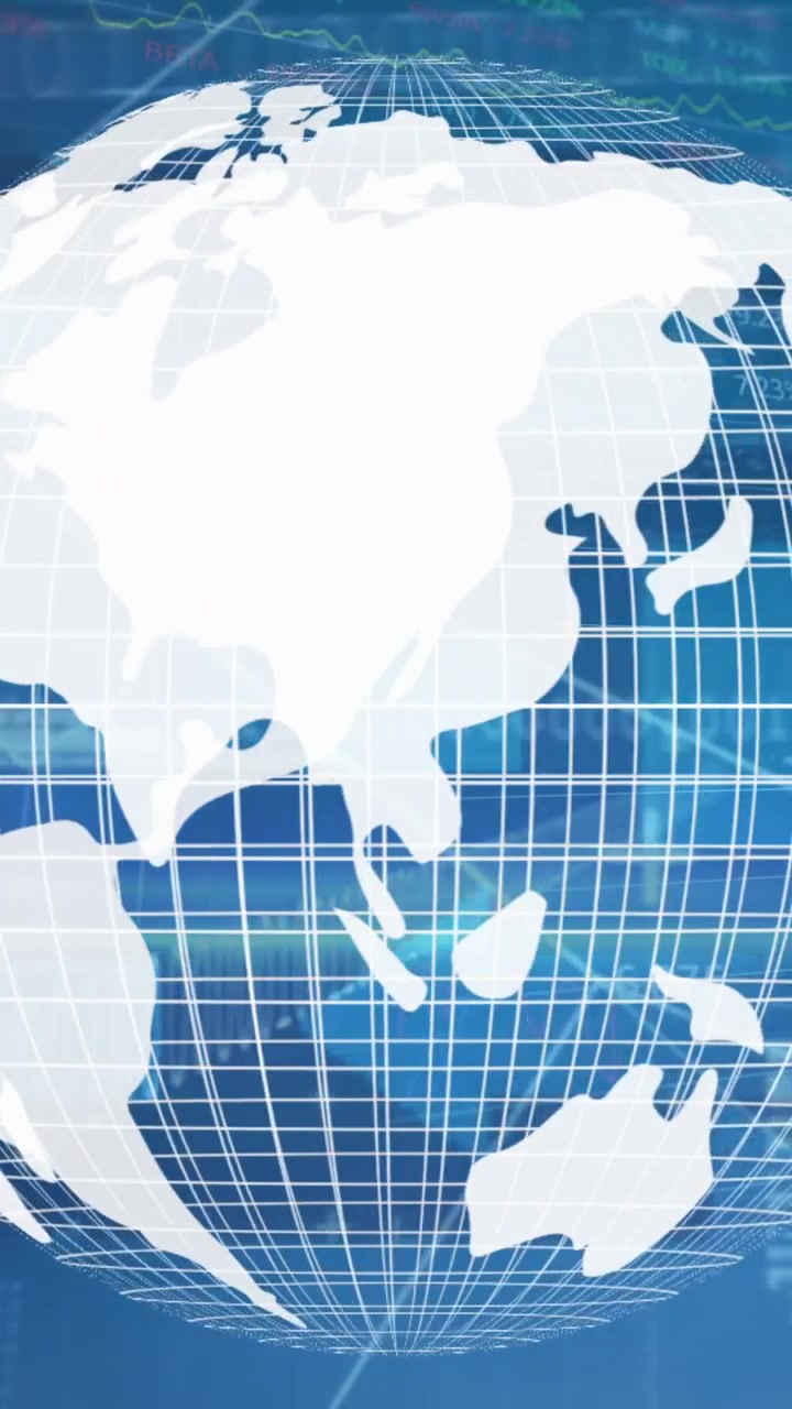 Animación de procesamiento de datos financieros sobre flechas y un globo terráqueo girando