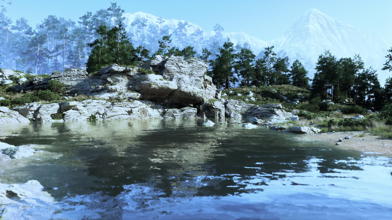 소나무 가 있는 숲 호수 에 있는 파란 물