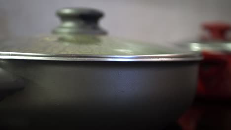 closeup of a silver pot with glass lid