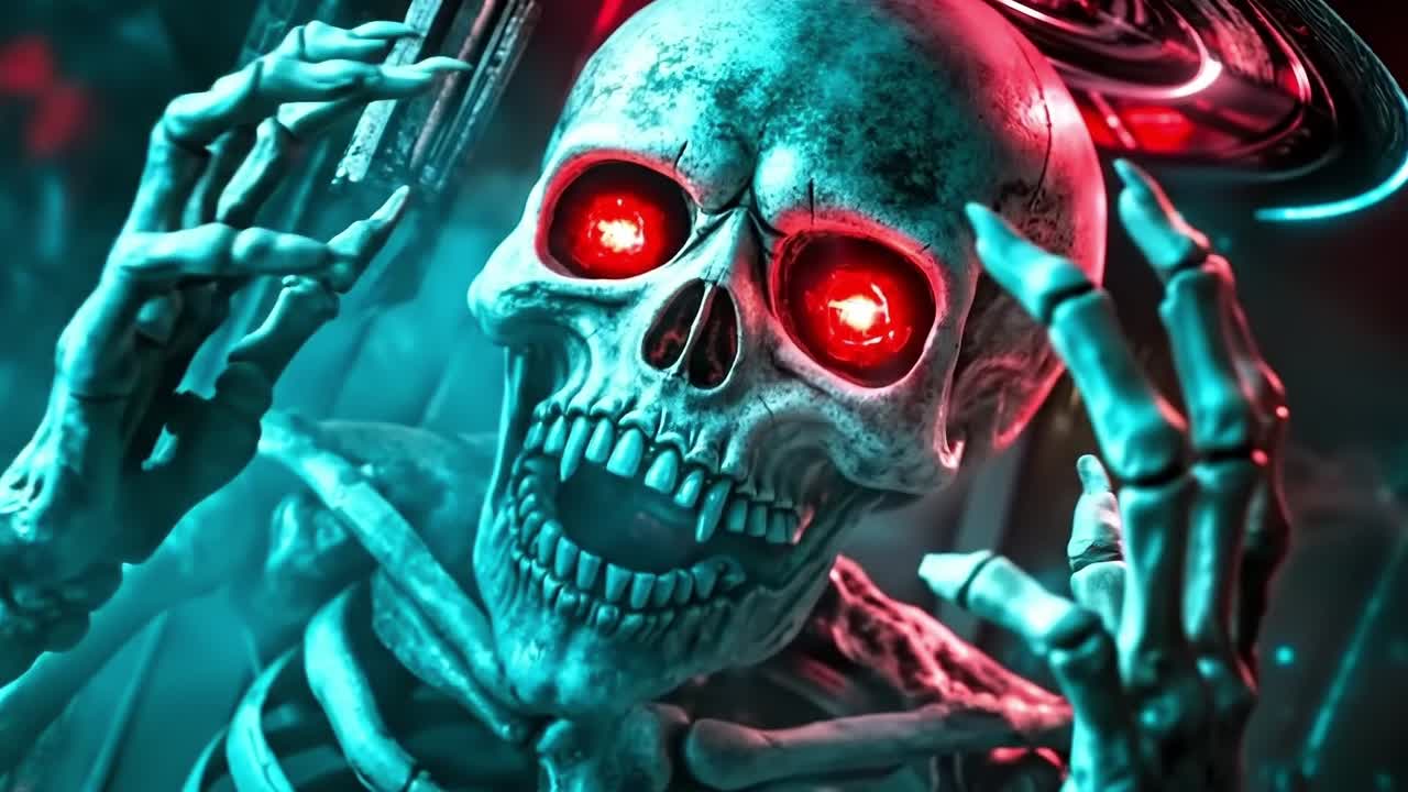A skull with red eyes and a skeleton holding a gun
