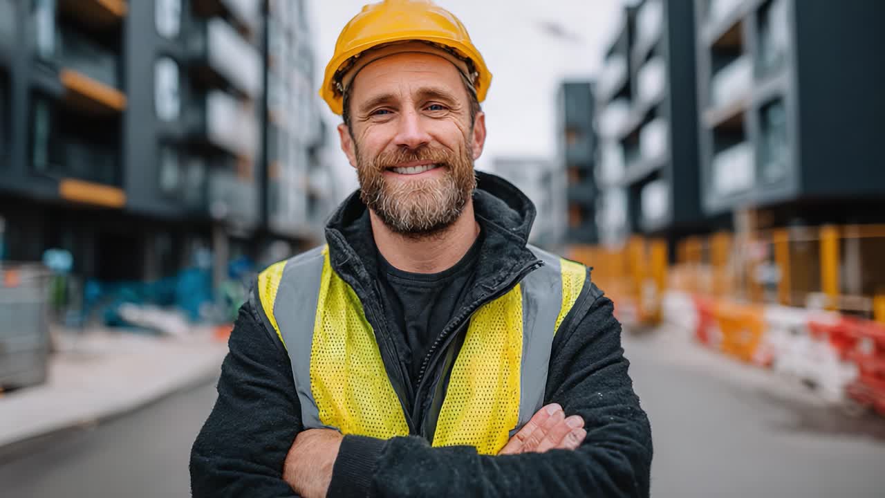 A confident construction worker, sporting a yellow hard hat and a safety vest, stands proudly on a bustling building site, showcasing his dedication to the trade and commitment to safety