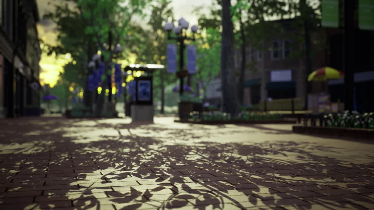 Shadows cast on cobblestone pathway in a tranquil city park at dusk