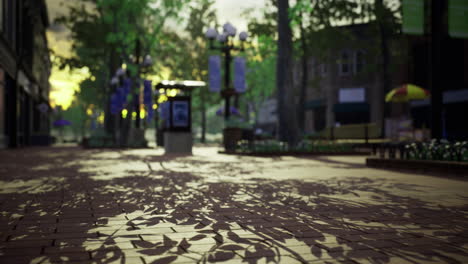 shadows cast on cobblestone pathway in a tranquil city park at dusk