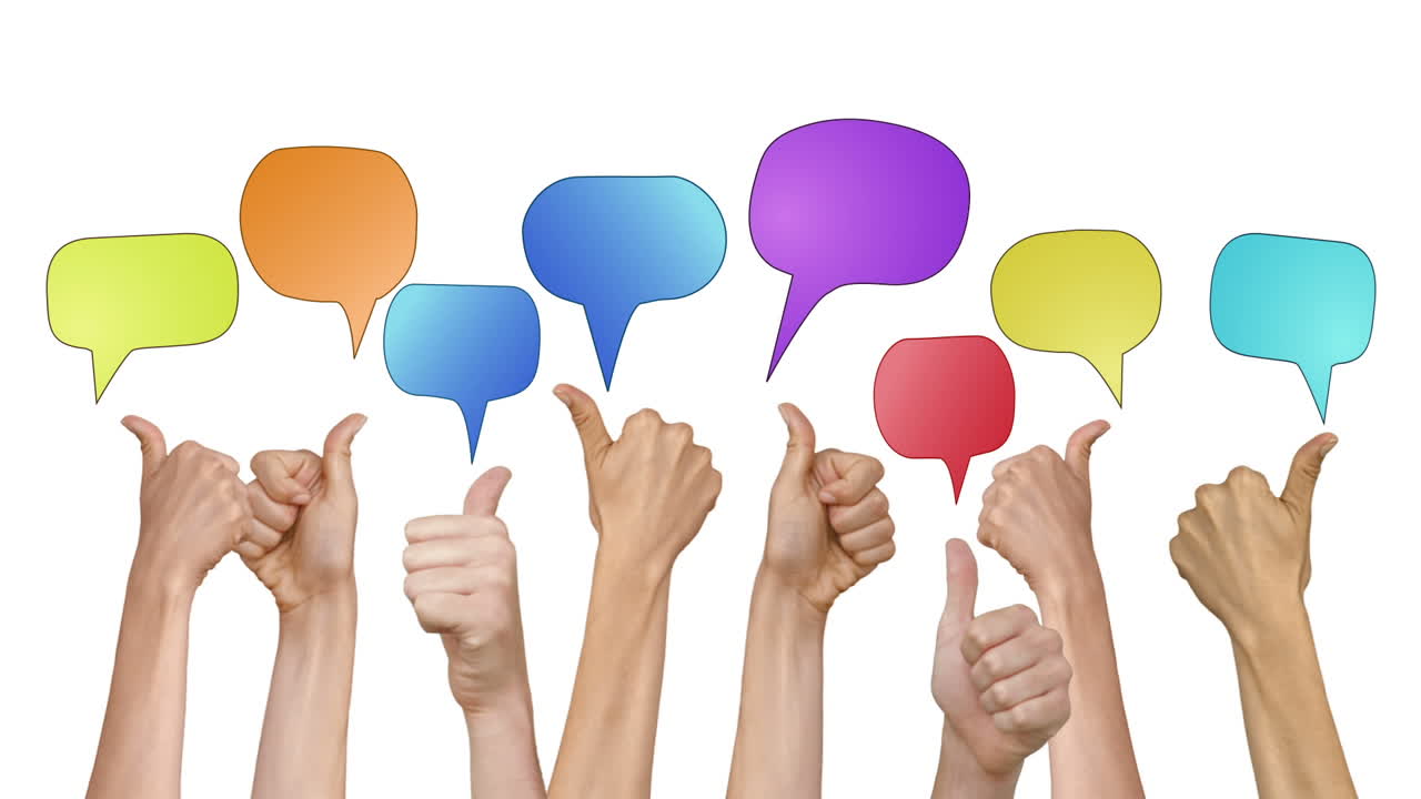 muchas manos mostrando los pulgares con burbujas de habla