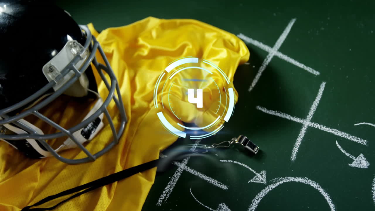 Football helmet and whistle on chalkboard with play diagram and countdown animation