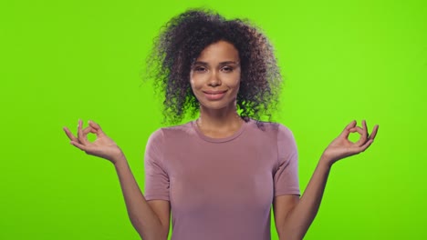 calm woman relaxing meditation, stress free relief at work concept, chroma key