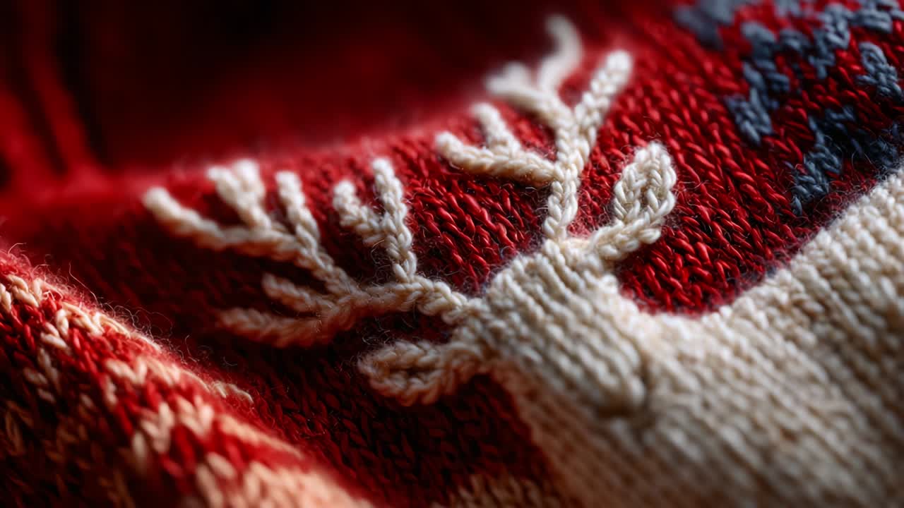 Intricate Detail of a Cozy Knitted Sweater Featuring a Charming Reindeer Design, Showcasing the Warmth of Holiday Fashion with Vibrant Colors and Artistic Patterns in Rich Textile Weave