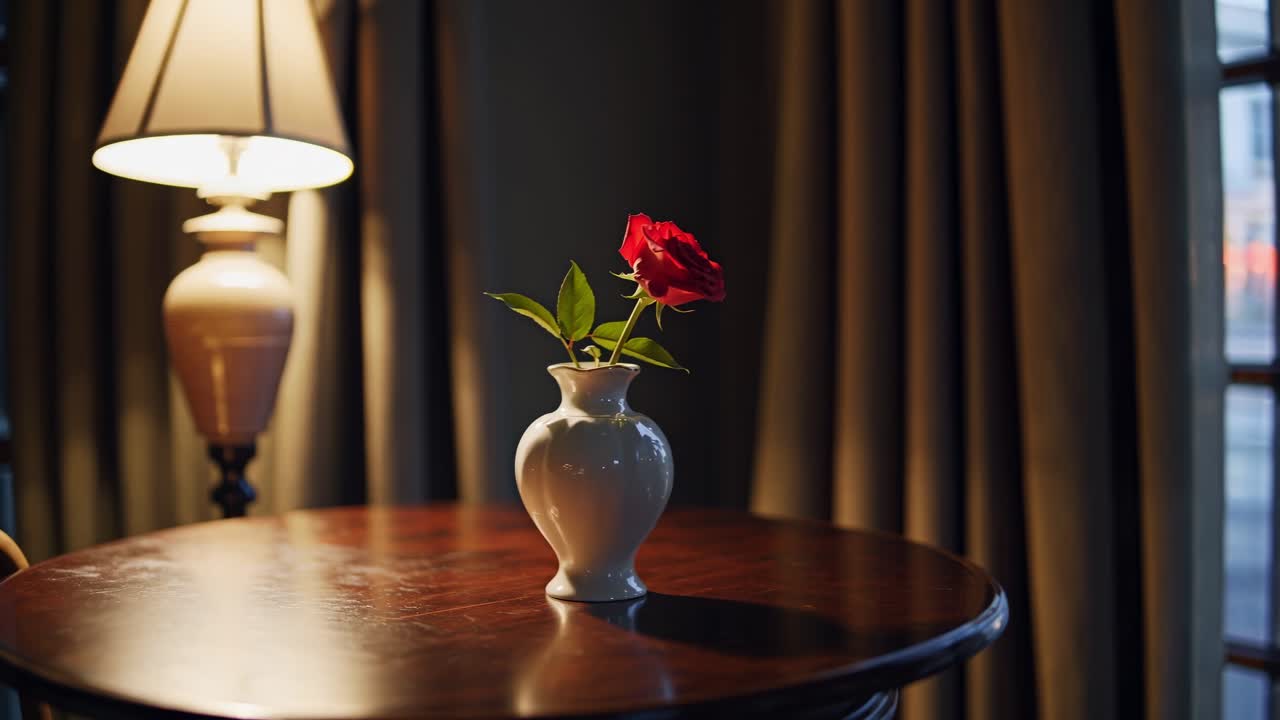 Single red rose in a white vase resting on a polished wooden table, illuminated by a nearby lamp, casting gentle shadows in a dimly lit, nostalgic room