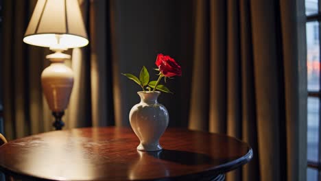 single red rose in a white vase resting on a polished wooden table, illuminated by a nearby lamp, casting gentle shadows in a dimly lit, nostalgic room