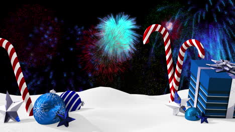 animación de decoraciones y regalos navideños, con coloridos fuegos artificiales explotando en el cielo nocturno