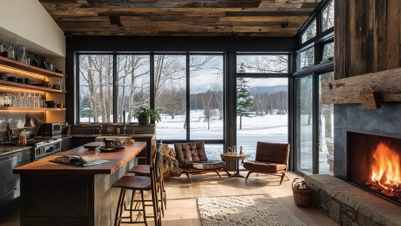 A Cozy Winter Retreat: A Warm and Inviting Kitchen Space Featuring Modern Design Elements, Rustic Wood Accents, and Panoramic Views of a Snowy Landscape, Perfect for Relaxation and Entertaining in Style