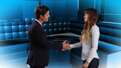 Animation-of-caucasian-female-and-male-businesspeople-talking-over-digital-space