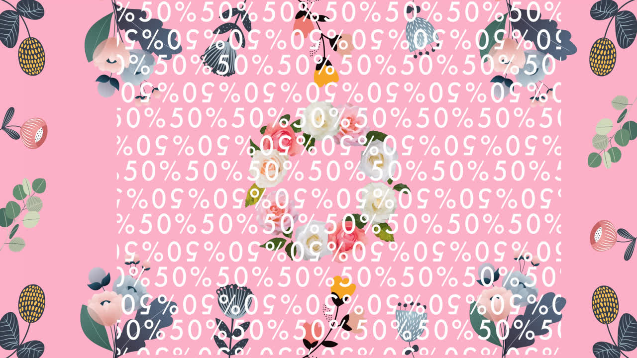 animación de 50 por ciento de texto sobre flores en fondo rosa