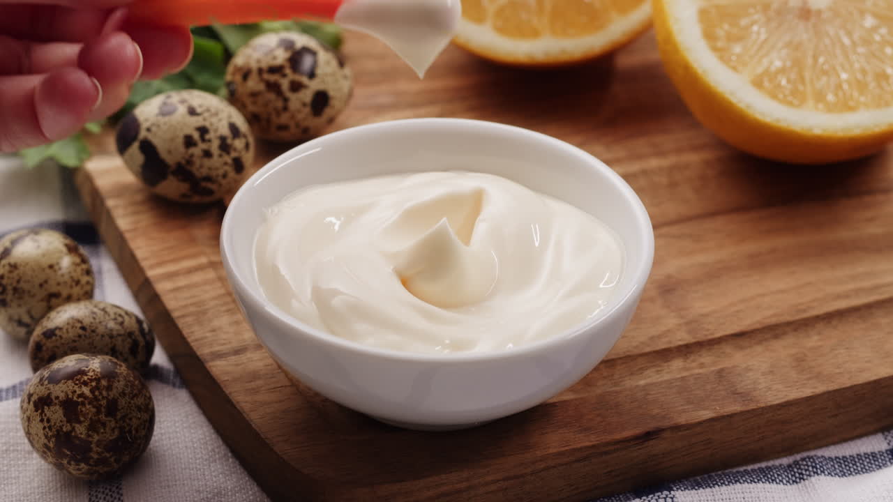 una mujer sumergiendo zanahoria en mayonesa.