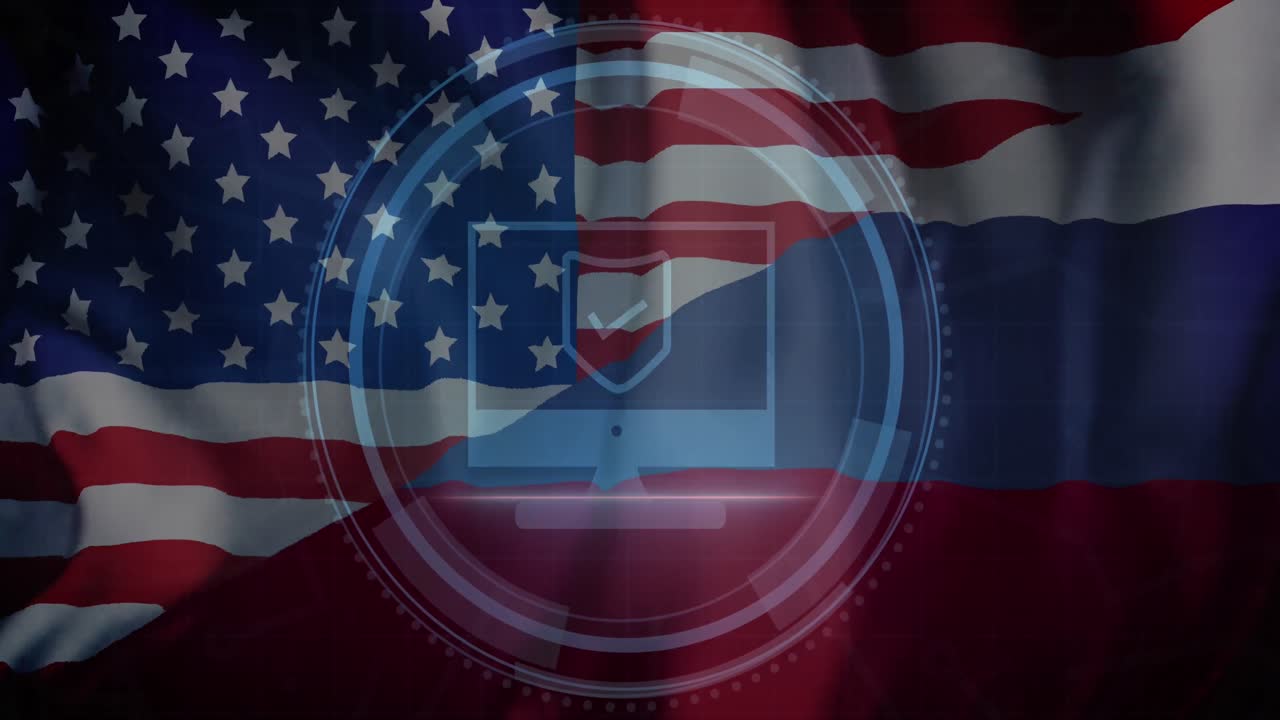 Animazione di scudo ed elaborazione dati su bandiera di Russia e Stati Uniti d'America