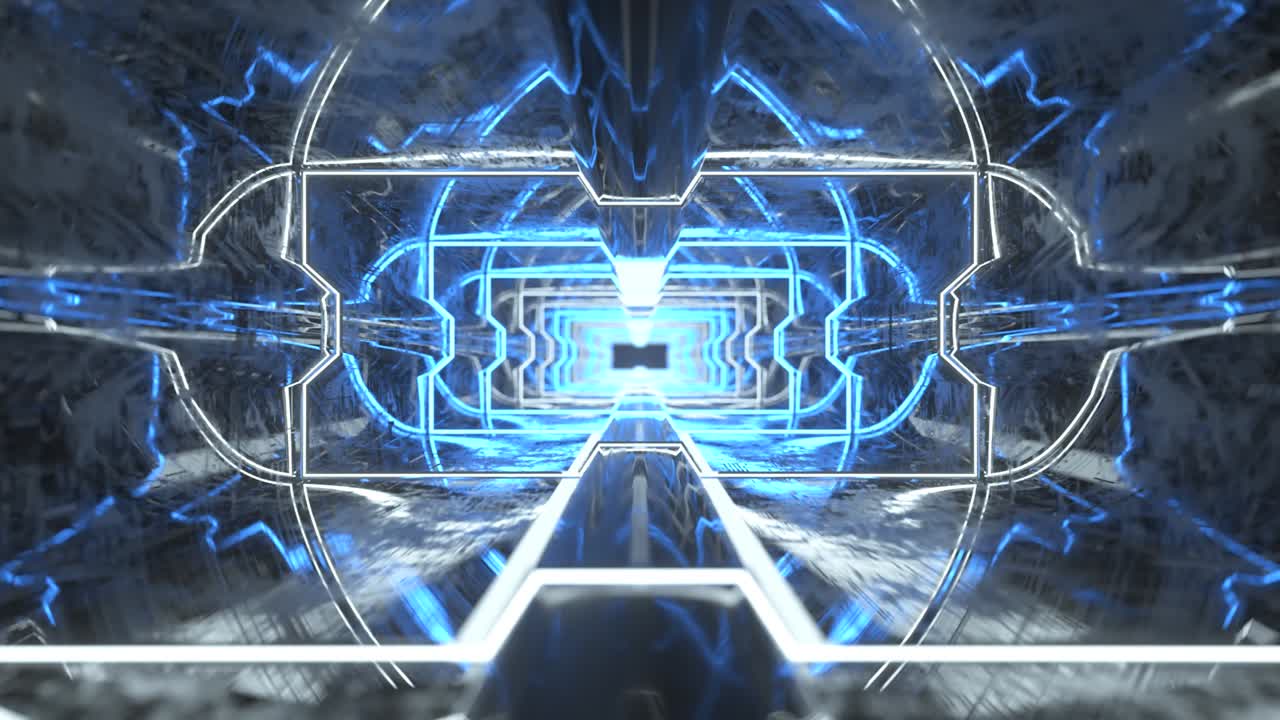 네온 조명과 함께 파란 터널을 날아가는 미래의 애니메이션.