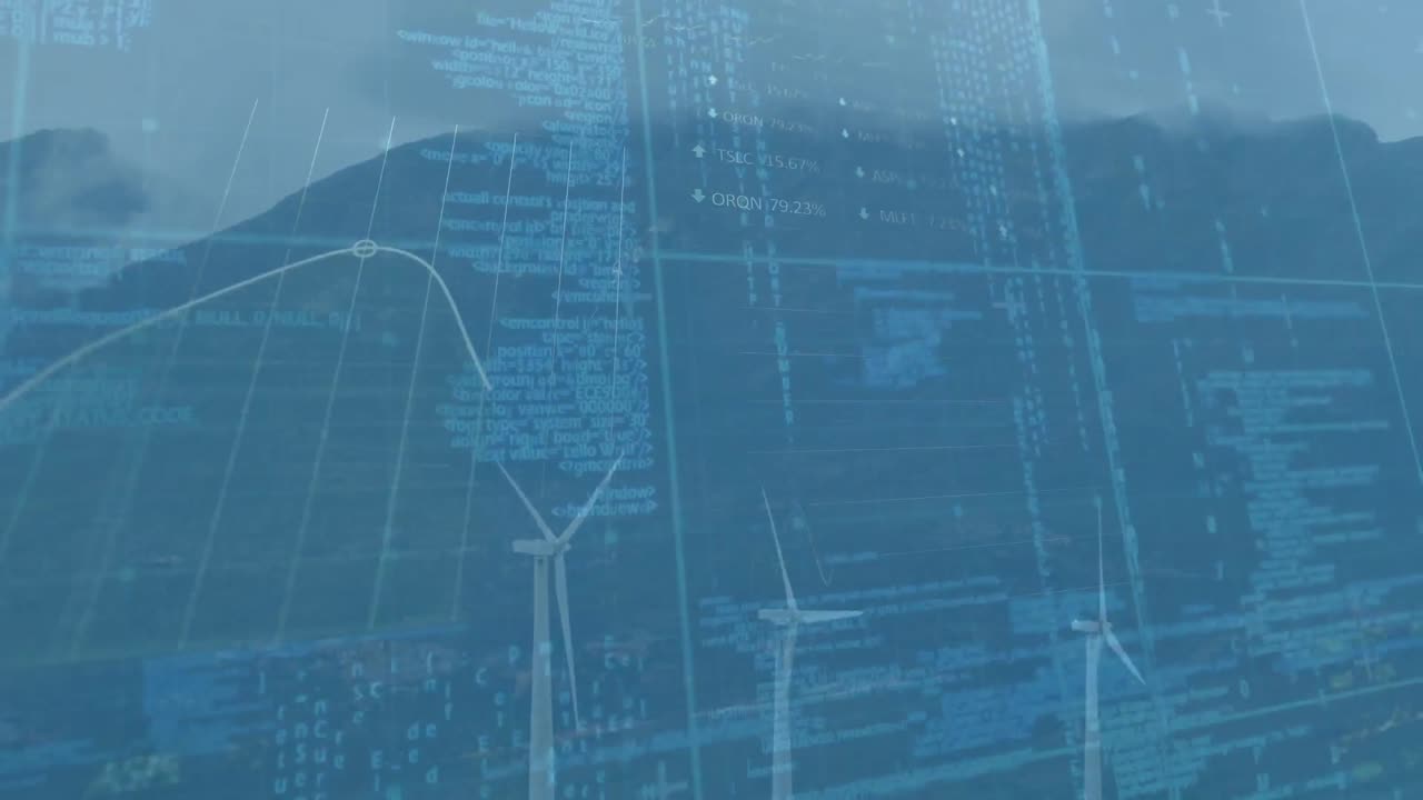 Animation of financial data processing over wind turbines