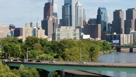 spring garden bridge over the schuylkill river and philadelphia skyscrapers in the background