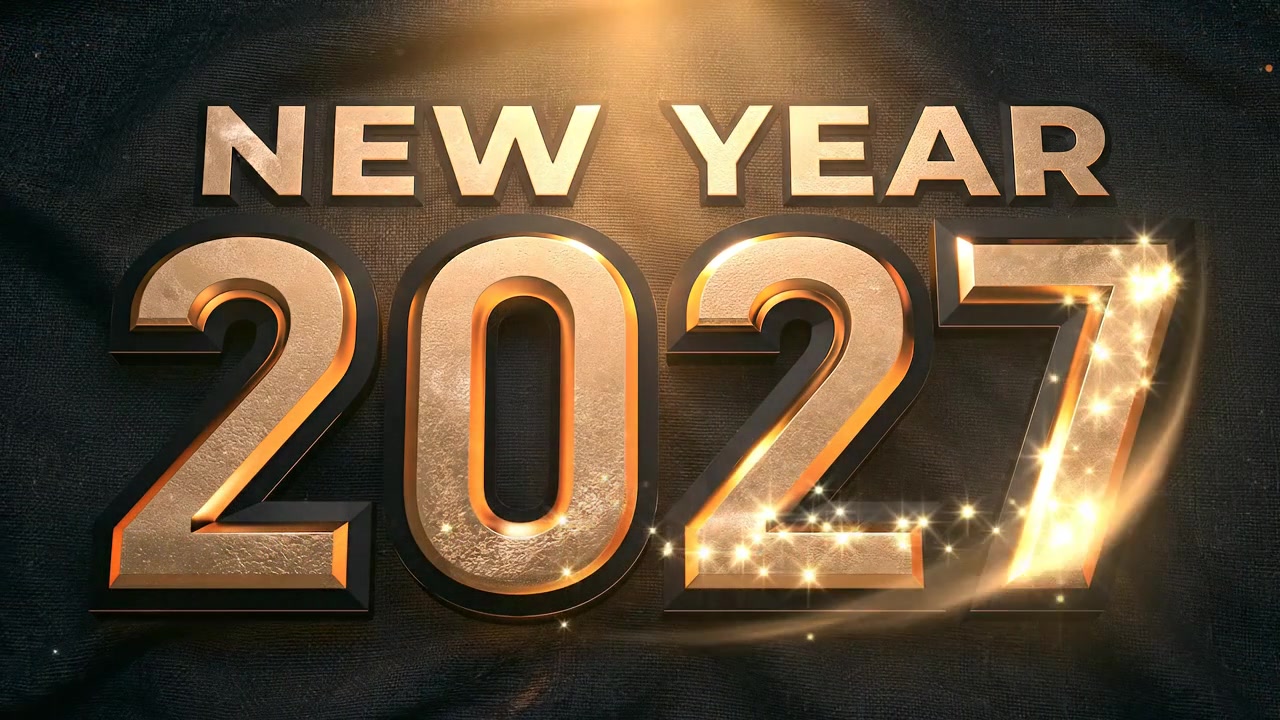 Animazione testuale dorata Capodanno 2027 con effetti di luce scintillanti