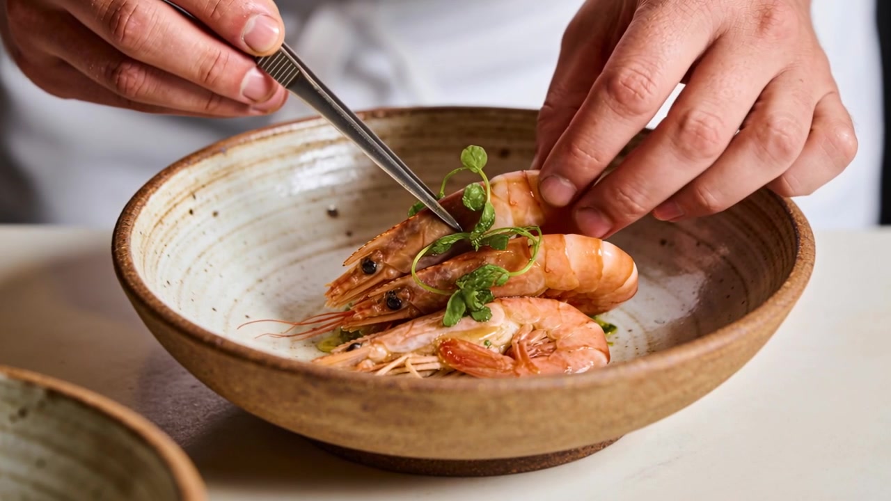 Placing chef hands entering white coat with tweezers aligning two shrimp on pass adding microgreen