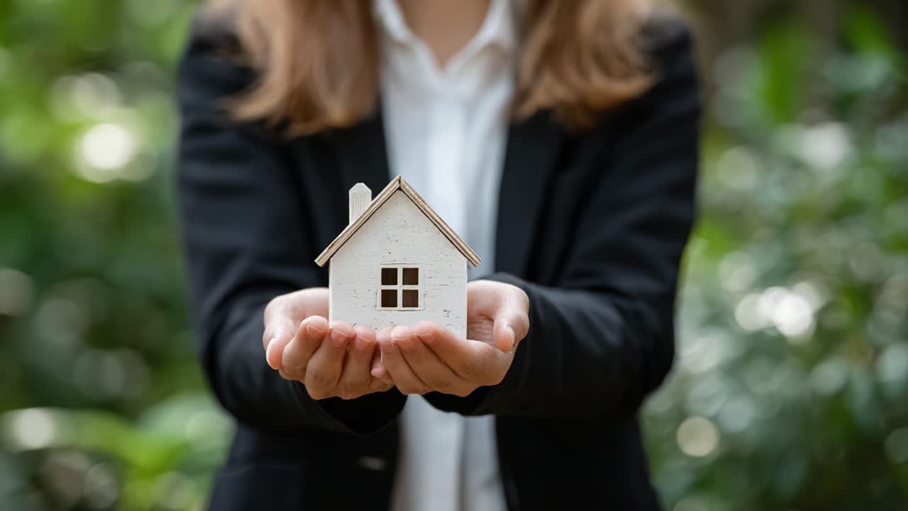 Presentando el concepto de hogar: Una persona con las manos acunando una casa en miniatura sobre un fondo verde y exuberante, simbolizando el cuidado y la inversión en bienes raíces.