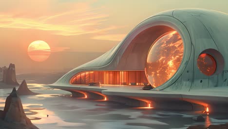 futuristic structure on an alien planet at sunset