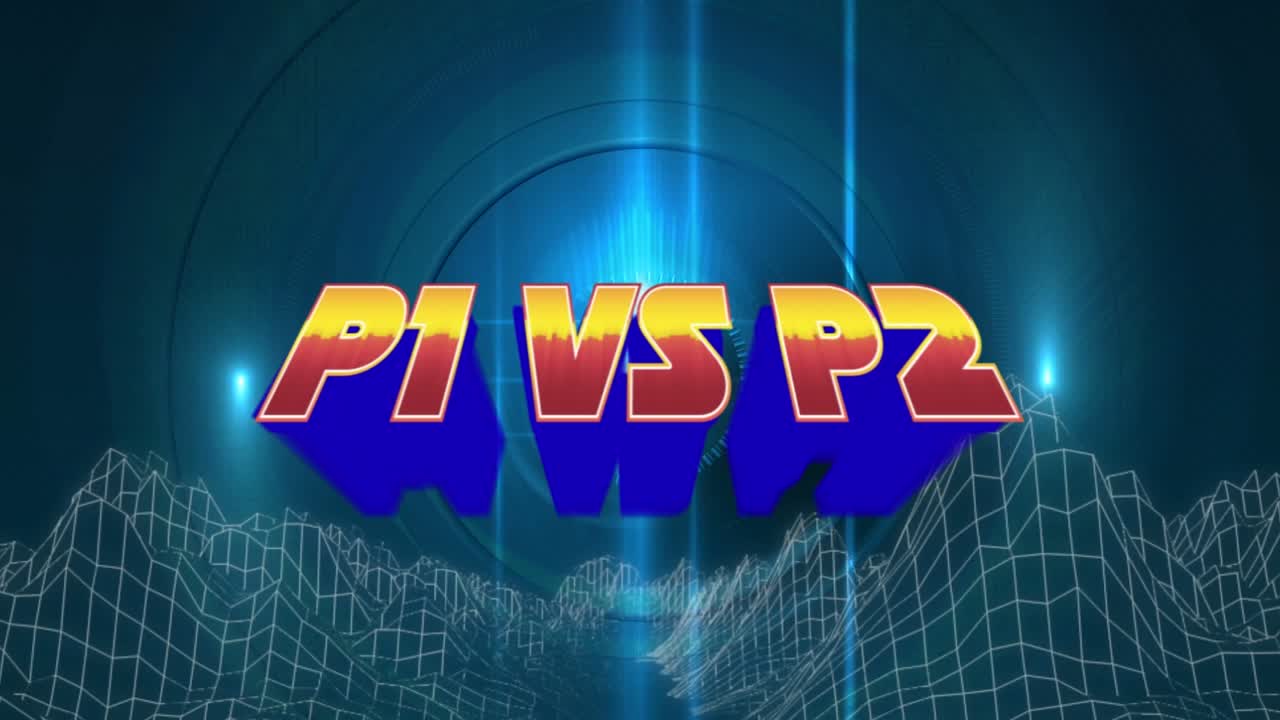 Animation von P1 gegen P2 im Metaversum auf marineblauem Hintergrund.