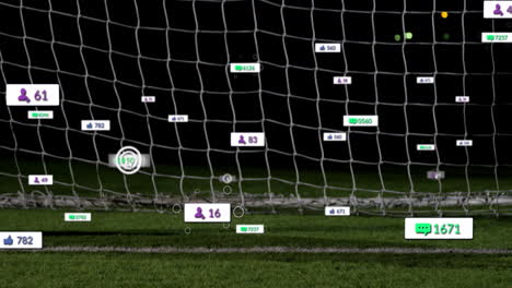 animación de iconos de las redes sociales contra un portero de fútbol masculino caucásico tratando de hacer un salvamento