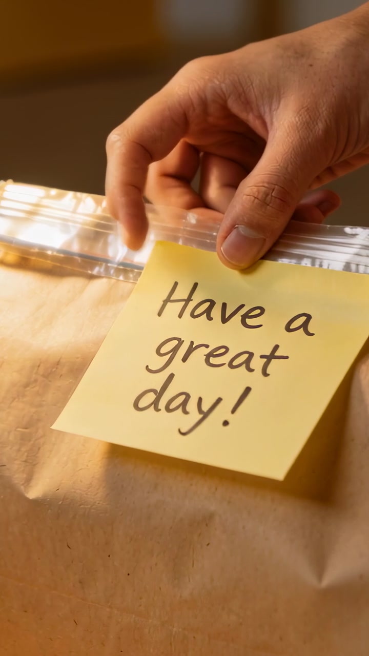 Adult hand intending to wish, smoothing yellow note onto zippered bag on home counter by lamp