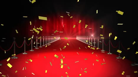 Animation-of-gold-confetti-falling-over-red-carpet-venue,-with-paparazzi-flashbulbs