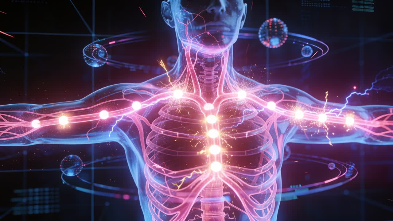 Activating sternum and arm nodes sending blue arcs, torso pulsing pink network for analysis in HUD