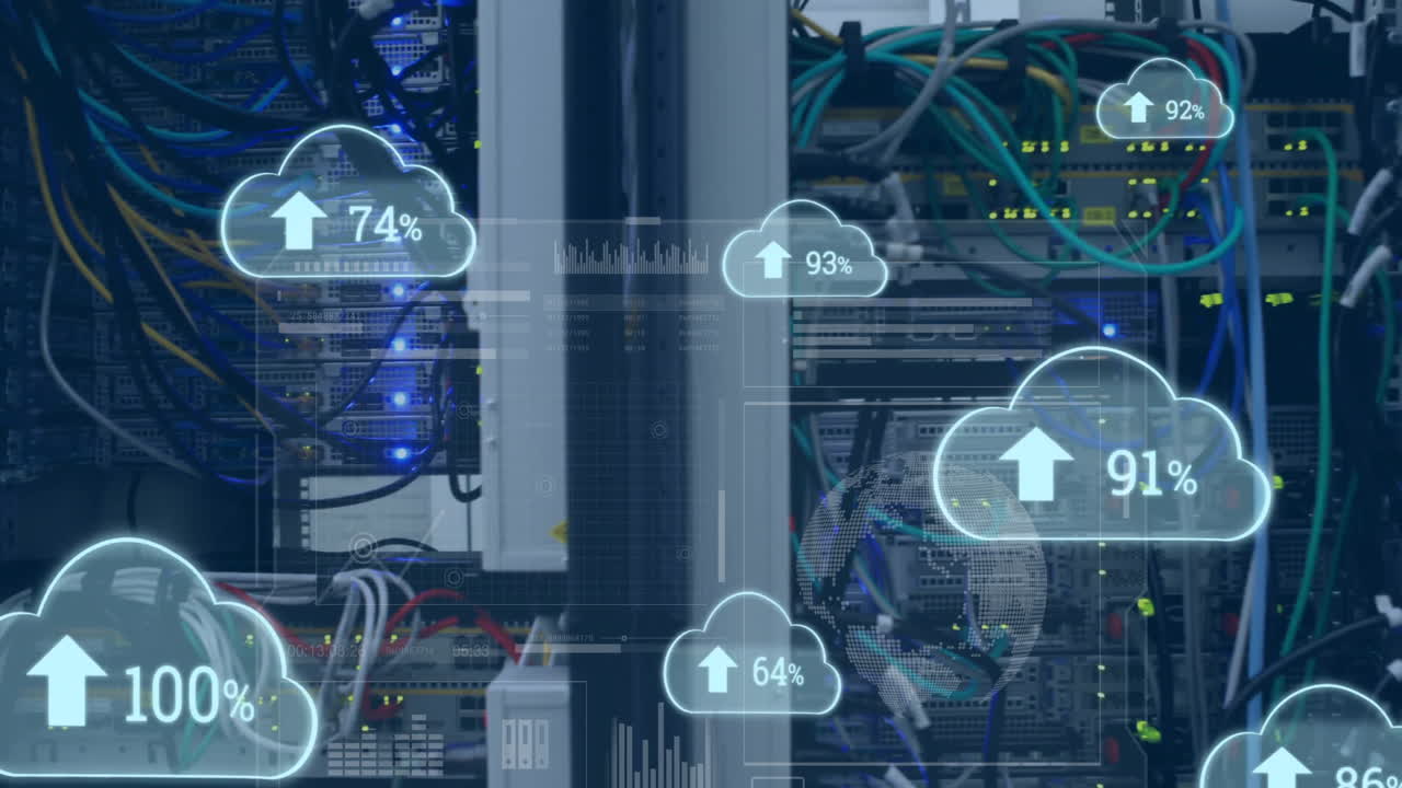 animación del procesamiento de datos a través de nubes y sala de servidores