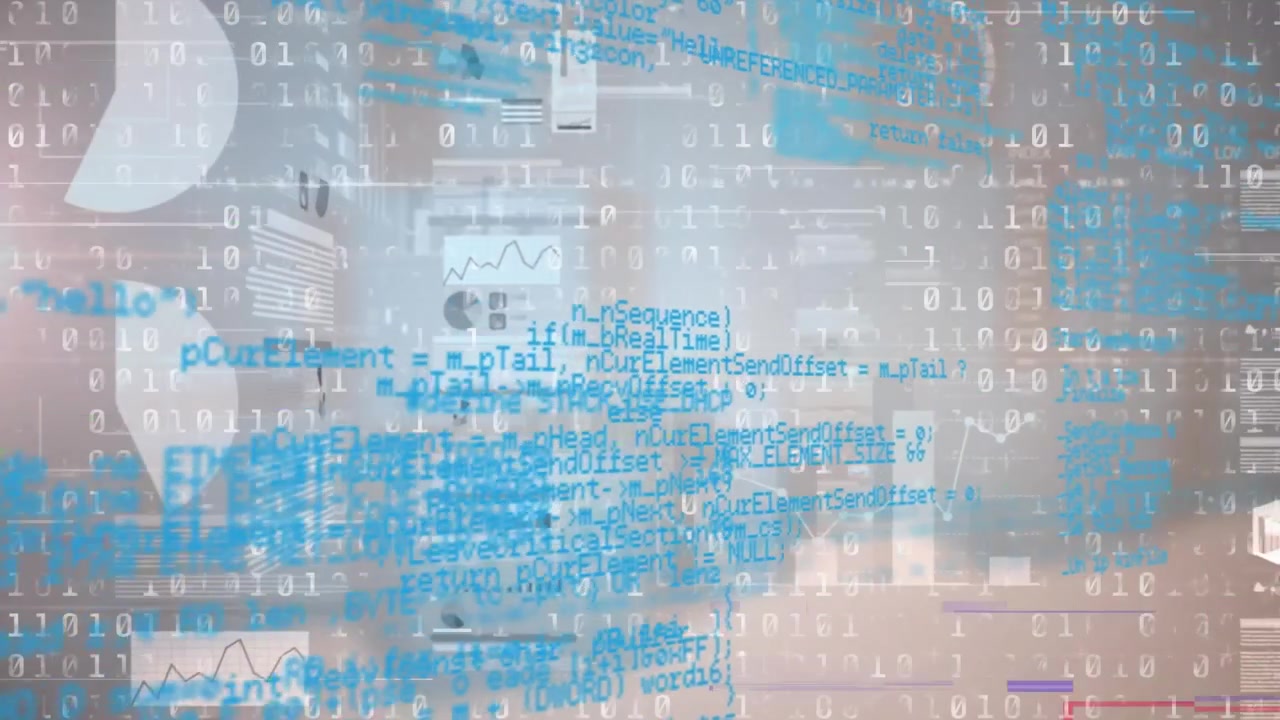 Animation of binary coding over screens with statistical data processing against grey background