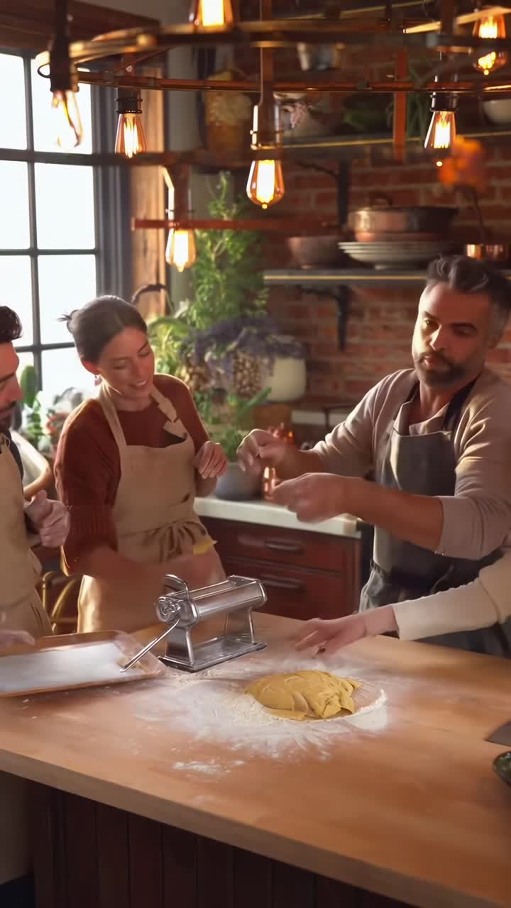 Scena video di una cucina calda e rustica con amici che preparano la pasta, ripresa da un angolo laterale
