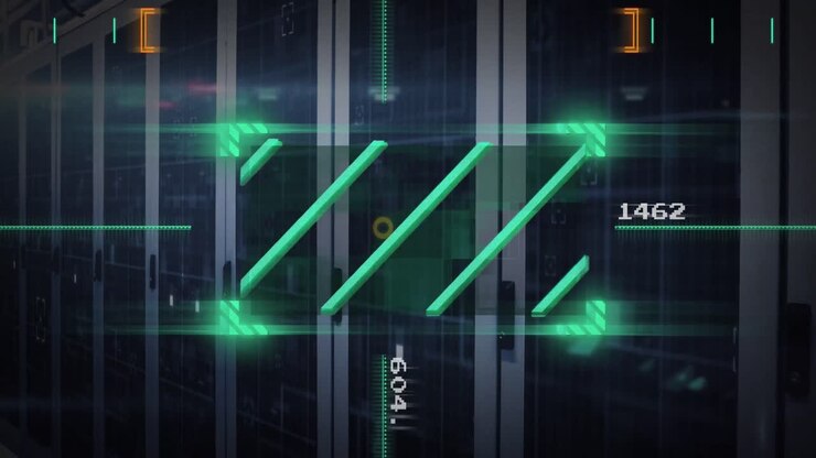 Animation of lines in viewfinder with changing numbers over data server racks
