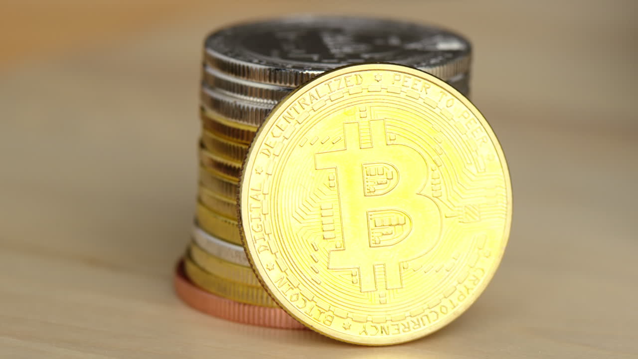 Golden and silver bitcoin crypto money with old dollar coins, close up, graphic video card mining