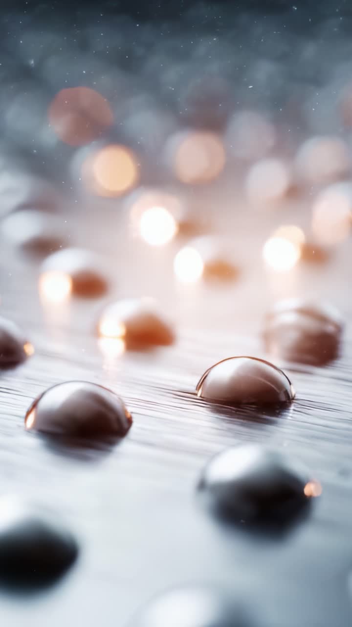 Nahaufnahme von Wassertröpfchen auf einer glatten Oberfläche, die Reflexionen und Licht einfängt und eine ätherische Atmosphäre mit einem Bokeh-Effekt im Hintergrund erzeugt
