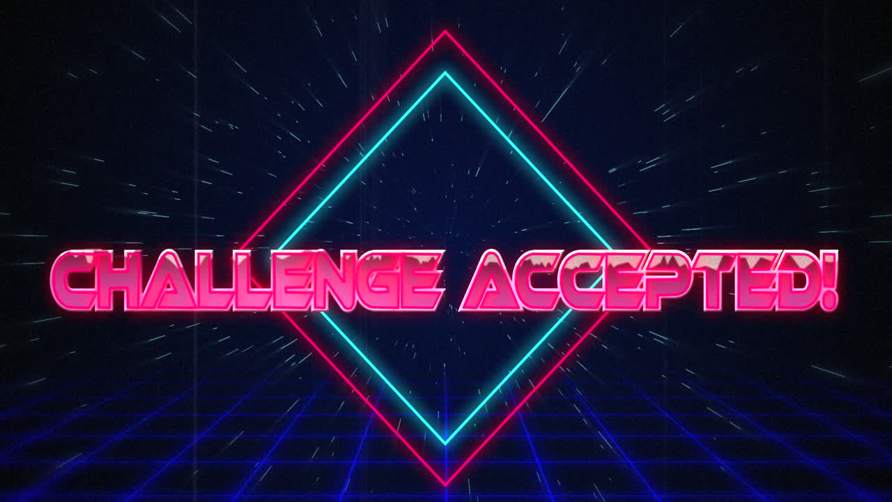 Retro Challenge accepted text glitching over blue and red squares on white hyperspace effect