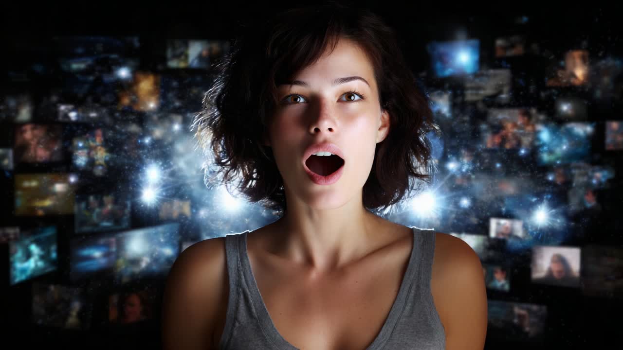 A Young Woman Expresses Astonishment in a Video Montage of Faces and Images, Surrounded by an Inspiring Collage of Vivid Visuals, Capturing the Essence of Wonder and Connection in a Digital Age