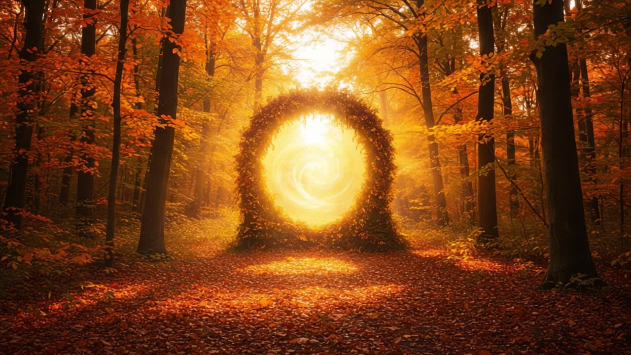 A Mystical Portal Surrounded by Radiant Autumn Colors, Leading into an Enchanting World of Light and Nature's Beauty in a Vibrant Forest Setting