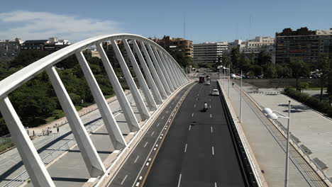 drone flying over bridge in valencia, spain