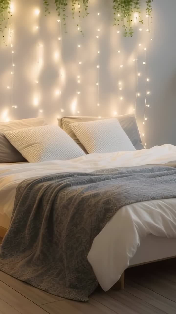Video verticale: telecamera che esegue una panoramica sul letto in una camera da letto con luci e vegetazione, rivelando la biancheria da letto