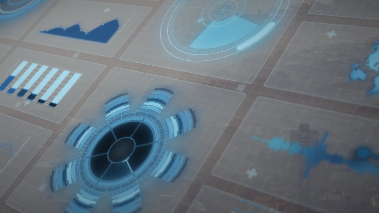 Animation of screens with data processing over cityscape